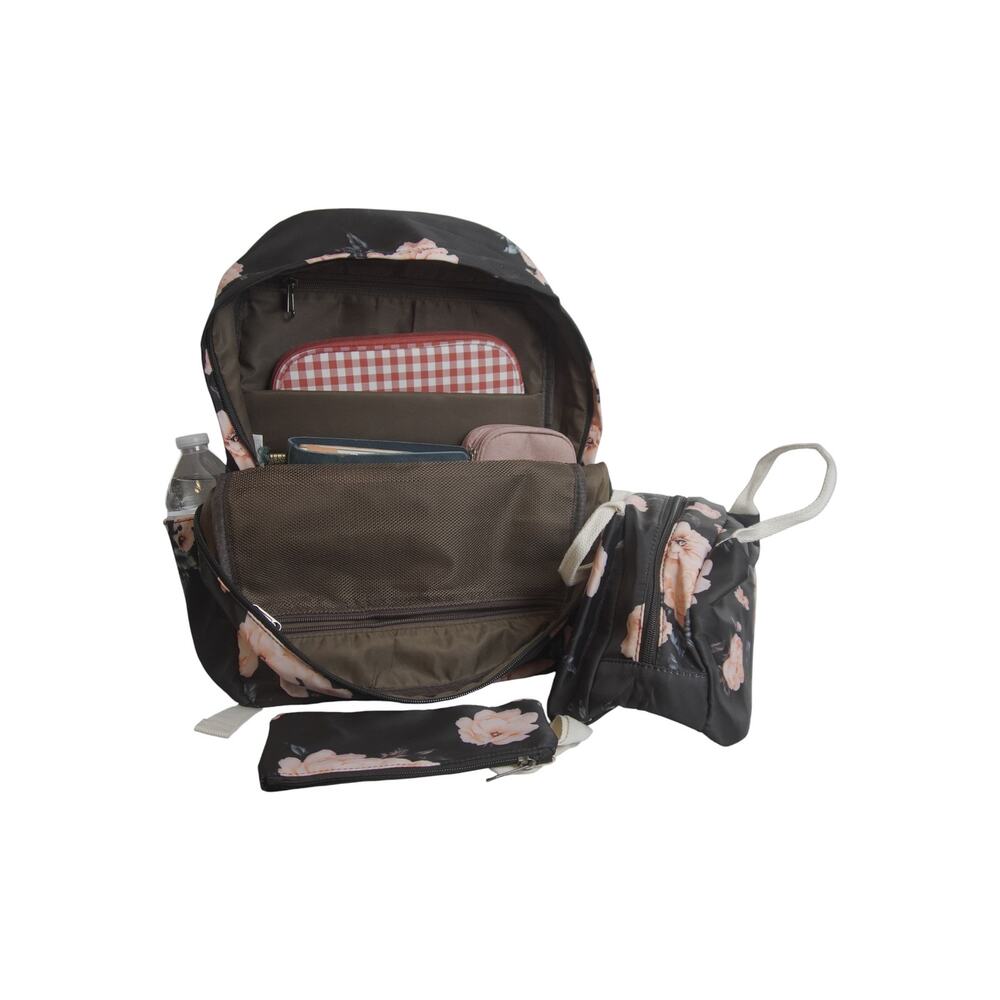 Black Floral Backpack Lunch Bag Pencil Case 3 Pc Set 14” Laptop School NWOT - Picture 3 of 16